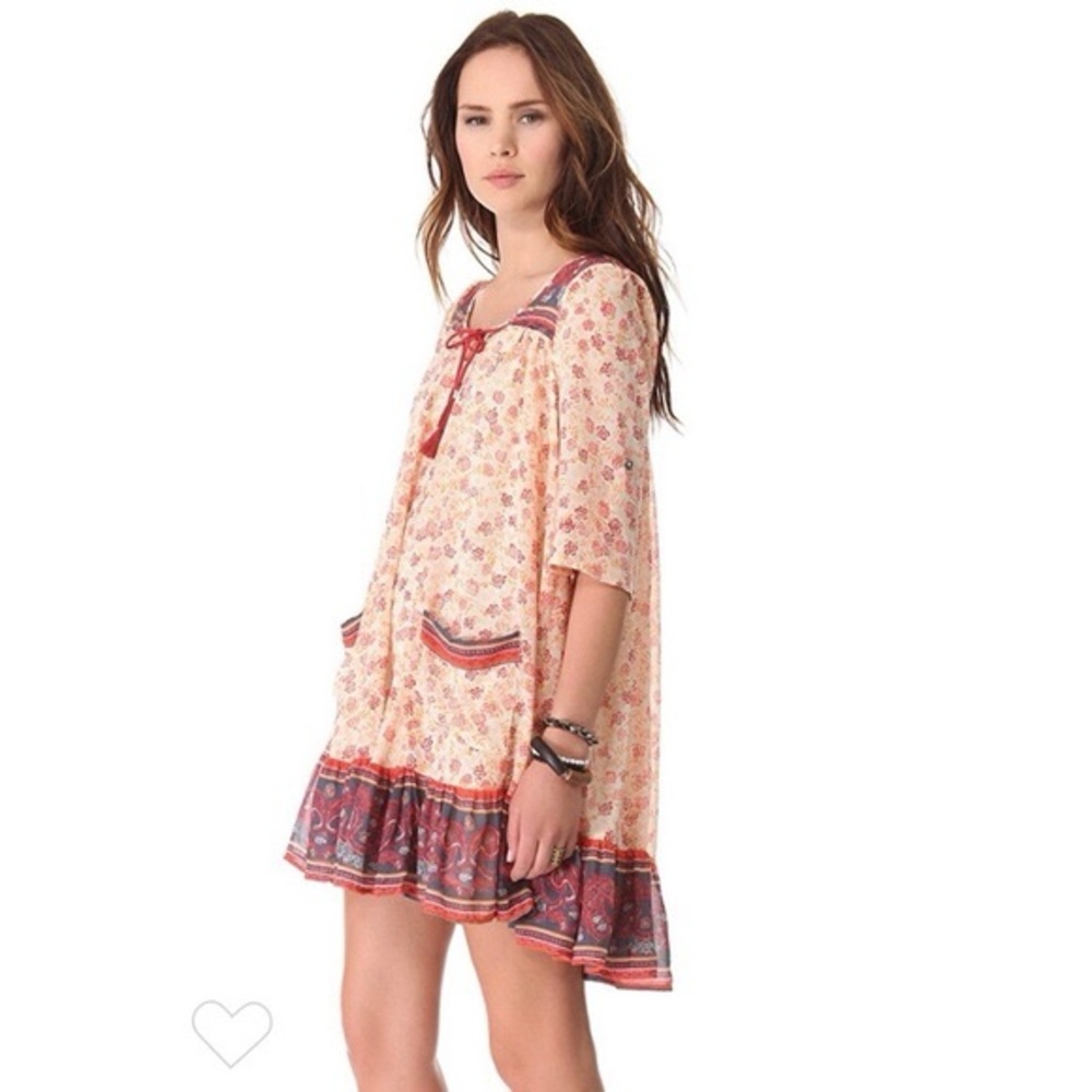 Free People Peach Floral Boho Midi Dress with Red and Navy Trim